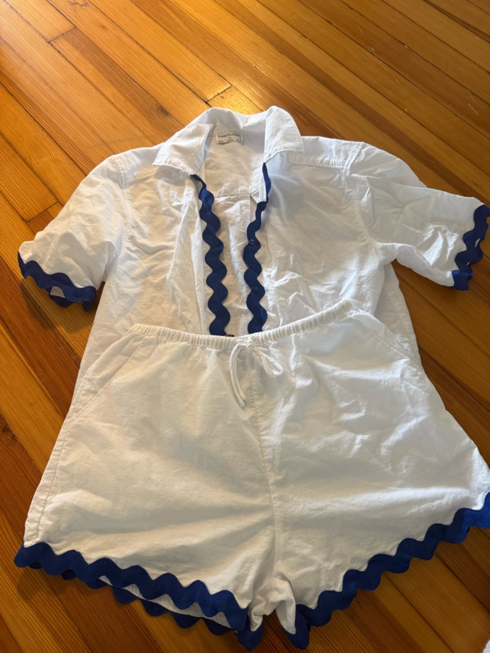 Seven Wonders White Two-Piece Set with Blue Ric Rac Trim